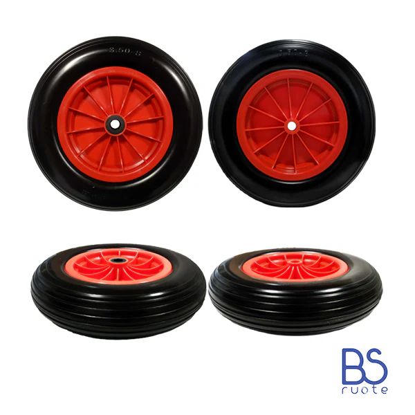 Ruota antiforatura PER CARRIOLE | Carrelli NAUTICI | Nucleo in plastica | 14ìx3.50-8 | 360x85 | Battistrada A | Foro a boccola o gabbia a rullini di 20 mm