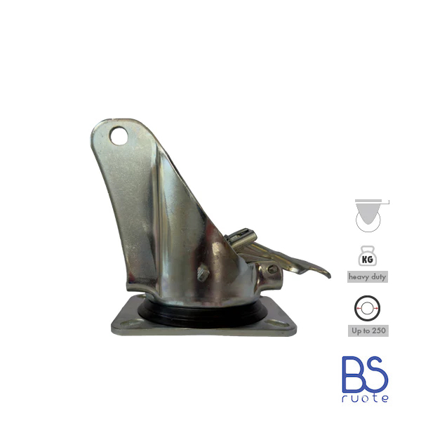 Supporti per carichi PESANTI | Piastra GIREVOLE con FRENO di tipo industriale | Acciaio zincato spessore 3,5/4 mm | Per ruota Ø fino 250 supporto girevole e freno | Portata fino a 800 Kg - immagine 2