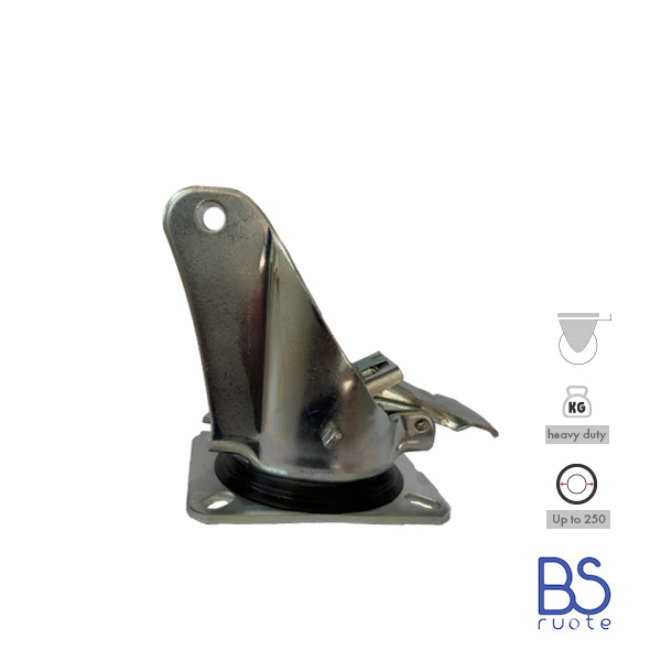 Supporti per carichi PESANTI | Piastra GIREVOLE con FRENO di tipo industriale | Acciaio zincato spessore 3,5/4 mm | Per ruota Ø fino 250 supporto girevole e freno | Portata fino a 800 Kg - immagine 3