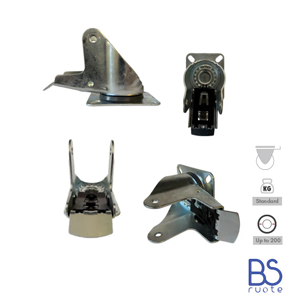 Supporti per carichi MEDI | Piastra GIREVOLE con FRENO di tipo industriale | Acciaio zincato spessore 2,5/3 mm | Portata fino a 350 Kg | Per ruota Ø fino 200 supporto girevole con freno