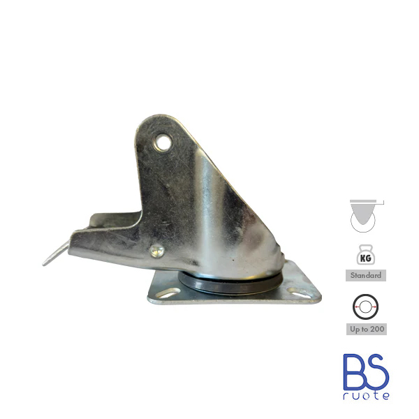 Supporti per carichi MEDI | Piastra GIREVOLE con FRENO di tipo industriale | Acciaio zincato spessore 2,5/3 mm | Portata fino a 350 Kg | Per ruota Ø fino 200 supporto girevole con freno - immagine 2