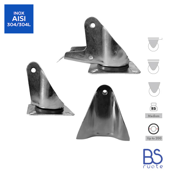 Supporti a piastra in ACCIAIO INOX | FISSA | GIREVOLE | GIREVOLE con FRENO | Applicazioni industriali | Portata fino a 350 Kg | Per ruota Ø fino 200