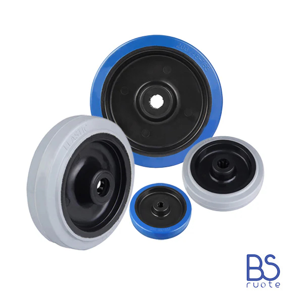 Ruote in gomma elastica | BLU O GRIGIO | Diametro da 80 a 250 mm | Scorrimento gabbia a rullini