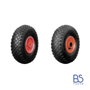 Ruote pneumatica PER CARRELLI in nucleo in plastica | 10“x4.10/3.50-4 | 260 x 85 | Foro a BOCCOLA o Gabbia a RULLINI di 20 mm | PR1800
