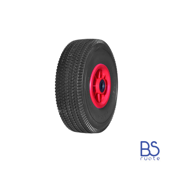 Ruota antiforatura PER CARRELLI in nucleo in PLASTICA | FFP1115R | 10“x4.10/3.50-4 | 260x85 | Battistrada E | Foro a gabbia di rullini Ø 20 mm