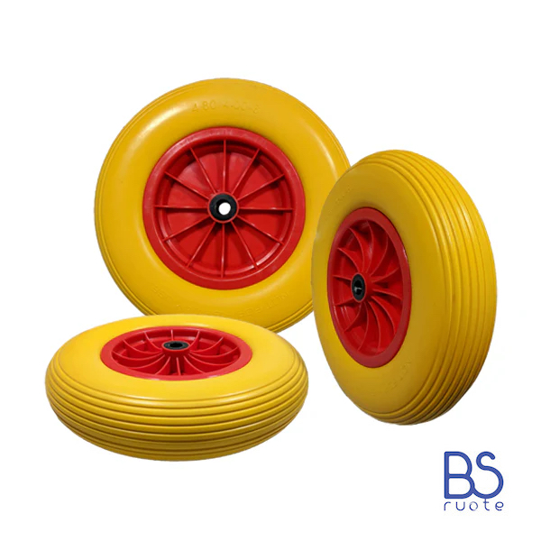 Ruota antiforatura PER CARRIOLE in nucleo in plastica | 16“x4.00-8 | 400x85 | Battistrada A | Foro a gabbia rullini di 20 mm | FFP1302RBY
